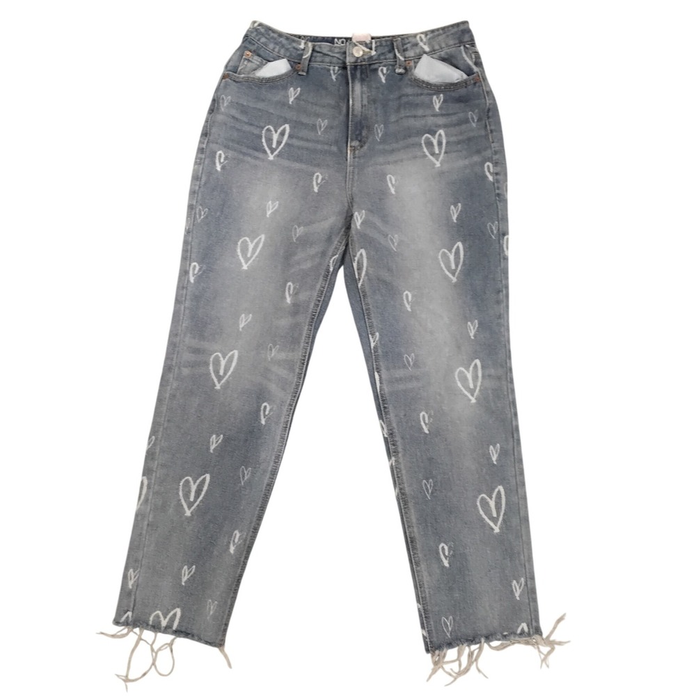 No Boundaries Heart Print Jeans Raw Hem High Rise Denim Women's Size 9